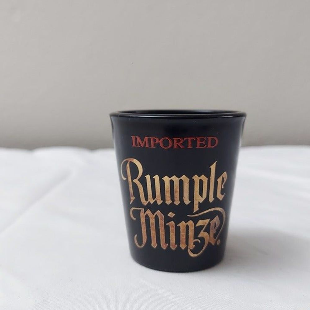 Rumple Minze Ceramic Shot Glass Imported Vintage Black, Gold, Red